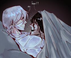 Rule 34 | 1boy, 1other, absurdres, bandaged hand, bandages, black hair, blood, blood on face, crazy eyes, from side, grin, heroine (homicipher), highres, homicipher, looking at another, lying on person, messy hair, mr. gap, no teeth, on bed, open mouth, red eyes, sadlad03, shirt, short hair, smile, under covers, upper body, white hair, white shirt