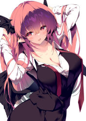 1girl black_skirt black_vest black_wings blush breasts cleavage collarbone demon_wings fang hair_between_eyes head_wings highres koakuma large_breasts long_hair long_sleeves necktie open_mouth pointy_ears red_eyes red_hair red_necktie sakurame shirt simple_background skirt solo touhou vest white_background white_shirt wings