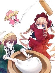 3girls black_ribbon blonde_hair blue_eyes bonnet bow brown_hair capelet chibi clenched_teeth closed_eyes coat collared_dress commentary_request dress drill_hair drill_sidelocks empty_eyes feet_out_of_frame folding_fan food frilled_dress frilled_shirt_collar frills green_dress hair_bow hand_fan headscarf hinaichigo kine kiru_(m_putorius) kunkun lolita_fashion long_hair long_sleeves mallet mochi mochitsuki mortar_(bowl) multiple_girls neck_ribbon open_mouth pantyhose pink_bow pink_coat red_capelet red_dress red_headwear ribbon rozen_maiden shinku short_hair sidelocks simple_background suiseiseki teeth twintails very_long_hair white_background white_dress white_headscarf white_headwear white_pantyhose wide_sleeves