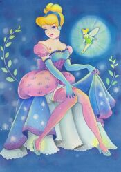 blonde_hair blue_eyes breasts cinderella_(disney_character) cinderella_(disney_movie) dress earrings elbow_gloves fairy fairy_wings gloves green_dress green_tunic hair_bun hairband jewelry looking_at_viewer multiple_girls painting_(medium) short_hair single_hair_bun smile tinker_bell_(disney) toon_(style) traditional_media tunic walt_disney&#039;s_peter_pan watercolor_(medium) wings yow-yow