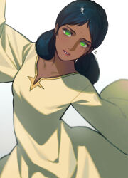 1girl arm_up artist_logo bindi black_hair commentary_request dark-skinned_female dark_skin double_bun dress green_eyes gundam hair_bun highres lalah_sune light_smile logo long_sleeves looking_at_viewer mobile_suit_gundam no_pupils parted_bangs parted_lips simple_background solo teeth ususio_11 white_background wide_sleeves yellow_dress