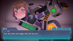 Rule 34 | 1girl, 3d, agent mirai, black bodysuit, blender (medium), blush, bodysuit, bound, brown hair, clenched teeth, commentary request, dialogue box, english text, gradient hair, headphones, impossible bodysuit, impossible clothes, latex, looking at viewer, mirai (agent mirai), multicolored hair, purple bodysuit, purple eyes, purple hair, restrained, sex machine, short hair, skin tight, solo, stationary restraints, sweat, teeth, umaaji lady mk2