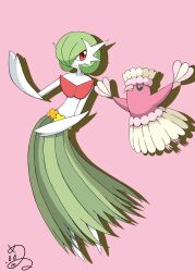 black_eyes bob_cut colored_skin dancing elbow_gloves game_freak gardevoir gen_3_pokemon gen_7_pokemon gloves grass_skirt green_hair hair_over_one_eye highres mega_gardevoir mega_pokemon nintendo oricorio oricorio_(pa&#039;u) pink_background pink_eyes pokemon pokemon_(creature) shabana_may signature simple_background smile white_gloves white_skin