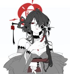 Rule 34 | 1girl, absurdres, blue archive, eyeliner, goth fashion, grey kimono, hair ornament, hair stick, halo, highres, japanese clothes, kimono, kokuriko (blue archive), makeup, opera glasses, red eyeliner, red halo, red lips, solo, spider web pattern, upper body, yu-y (824412)
