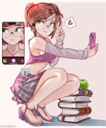 1girl absurdres apple bare_shoulders book book_stack brown_hair crop_top detached_sleeves food freckles fruit glasses highres jewelry nail_polish navel necklace original peppitasart pleated_skirt round_eyewear selfie sideways_glance skirt smile solo stomach v