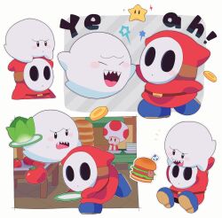 Rule 34 | 2boys, blue boots, blush stickers, boo (mario), boots, burger, closed eyes, english text, food, ghost, highres, holding, holding plate, mario (series), mofupoyo, multiple boys, multiple views, nintendo, open mouth, plate, red robe, robe, sharp teeth, shy guy, super star (mario), teeth, toad (mario), tomato, upper teeth only, white mask