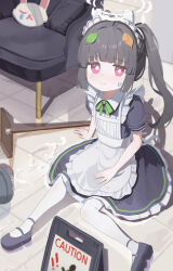 1girl absurdres apron black_hair blue_archive dress halo highres maid maid_apron maid_headdress miyu_(blue_archive) nyune pantyhose red_eyes shoes short_sleeves sitting white_pantyhose