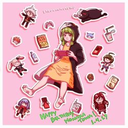 2019 ahoge alternate_costume animal_hood artist_name barefoot bear_hair_ornament bear_hood birthday black_hoodie black_jacket blonde_hair blue_hair blue_skirt bottle bottled_water brown_coat brown_hair brown_jacket chibi child chips_(food) chocolate closed_eyes closed_mouth coat collarbone danganronpa:_trigger_happy_havoc danganronpa_(series) danganronpa_2:_goodbye_despair danganronpa_3_(anime) danganronpa_another_episode:_ultra_despair_girls dated dress drinking_straw english_text enoshima_junko eyebrows feet food frown fukawa_toko gaming gekkogahara_miaya green_hair hair_ornament handheld_game_console happy_birthday hood hoodie jacket japanese_text kemuri_jataro komaeda_nagito lagocanicervine long_hair looking_at_viewer medium_hair monokuma naegi_komaru necktie official_alternate_costume open_clothes open_mouth pink_hair pleated_dress pleated_skirt pocky red_scarf red_skirt scarf servant_(danganronpa) shirt signature skirt soles straw strawberry_milk striped_clothes striped_shirt toes towa_monaca twintails utsugi_kotoko video_game water water_bottle white_footwear white_hair white_hoodie yellow_dress