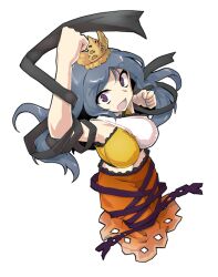 1girl arm_up black_ribbon blue_hair breasts chirizuka_ubame clenched_hand crown dairi double-parted_bangs dress fossilized_wonders frilled_skirt frills from_above full_body headpiece long_hair midriff_peek multicolored_dress nipples orange_skirt outstretched_arm purple_eyes purple_ribbon ribbon skirt solo sparkling_eyes surprised tachi-e touhou wide-eyed