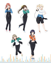 5girls artbook asaka_karin asymmetrical_hair black_pants black_shorts blonde_hair blue_eyes bow braid brown_hair clothes_around_waist green_jacket grey_hair hair_bun hair_ornament headphones highres jacket jacket_around_waist long_hair looking_at_viewer love_live! love_live!_nijigasaki_high_school_idol_club miyashita_ai multiple_girls nakasu_kasumi navel non-web_source official_art one_eye_closed open_mouth orange_eyes osaka_shizuku pants pink_eyes pink_hair ponytail purple_hair shirt shoes short_hair shorts single_side_bun smile sneakers standing track_jacket track_pants track_suit uehara_ayumu white_shirt yellow_eyes