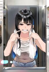 1girl bare_shoulders black_hair blue_hair bow bow_panties breasts clenched_teeth collarbone colored_inner_hair commentary_request cowboy_shot forced_smile funi_mu9 hair_brush highres indoors long_hair looking_at_viewer medium_breasts mirror mole mole_under_eye multicolored_hair navel original panties red_eyes sidelocks solo sweatdrop teeth towel towel_around_neck underwear white_panties