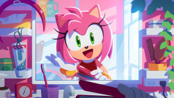 1girl amy_rose commentary_request eyelashes furry furry_female gloves green_eyes hair_brush hair_straightener looking_at_mirror looking_at_viewer mirror napkin_holder official_art smile solo sonic_(series) toothbrush toothpaste uno_yuuji watermark white_gloves