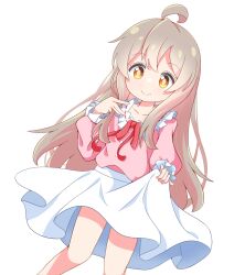 1girl absurdres ahoge bare_legs beenyan_1203 blonde_hair collarbone commentary genderswap genderswap_(mtf) highres long_hair long_sleeves looking_at_viewer making-of_available onii-chan_wa_oshimai! orange_eyes oyama_mahiro pink_shirt puffy_long_sleeves puffy_sleeves red_ribbon ribbon shirt simple_background skirt skirt_hold smile solo white_background white_skirt