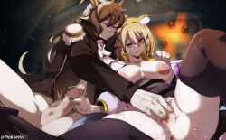 Rule 34 | 1boy, 1girl, absurdres, animal ear fluff, animal ears, arknights, ascot, black jacket, blush, breasts, brown hair, ebenholz (arknights), epaulettes, erection, fingering, goat boy, goat ears, goat horns, hair between eyes, hair ornament, hairclip, handjob, hetero, highres, horns, jacket, large breasts, long hair, long sleeves, mutual fingering, mutual handjob, mutual masturbation, nipples, open clothes, orphen (pink seito), penis, purple eyes, pussy juice, short hair, utage (arknights)