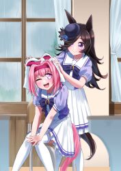 Rule 34 | 2girls, :d, absurdres, animal ears, blue flower, blush, bow, bowtie, brown hair, chair, commentary request, dress, drying, drying another&#039;s hair, drying hair, ear covers, earrings, flower, flower in eye, freely2327, frilled dress, frills, hair flower, hair ornament, hair over one eye, hairband, haru urara (umamusume), hat, highres, horse ears, horse girl, horse tail, indoors, jewelry, long hair, mini hat, multiple girls, on chair, one eye closed, open mouth, parted bangs, pink hairband, pleated dress, purple bow, purple bowtie, purple dress, purple eyes, rain, rice shower (umamusume), sailor collar, school uniform, sidelocks, sitting, smile, symbol in eye, tail, teeth, thighhighs, tilted headwear, tracen school uniform, two-tone dress, umamusume, upper teeth only, white dress, white sailor collar, white thighhighs, window