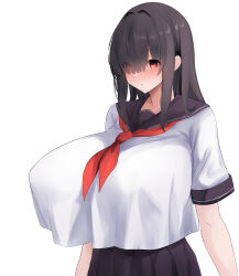 1girl absurdres black_hair black_sailor_collar black_skirt blush breasts commentary_request gigantic_breasts hair_over_one_eye highres huge_breasts looking_at_viewer original pleated_skirt red_eyes sailor_collar school_uniform serafuku shirt short_sleeves simple_background skirt solo standing upper_body white_background white_shirt yuuki_shuri