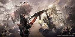 Rule 34 | absurdres, black socks, dalanxia, girls&#039; frontline, girls&#039; frontline 2: exilium, green eyes, gun, highres, holding, holding gun, holding weapon, long hair, multiple girls, official art, official wallpaper, socks, ump40 (girls&#039; frontline), ump45 (girls&#039; frontline), weapon