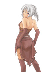 1girl assassin_cross_(ragnarok_online) back backboob blush breasts brown_cape brown_gloves brown_leotard brown_thighhighs cape closed_mouth commentary_request elbow_gloves feet_out_of_frame from_behind gloves grey_hair high_ponytail hiruankou leotard looking_at_viewer looking_back medium_breasts ponytail purple_eyes ragnarok_online short_hair simple_background solo standing thighhighs torn_cape torn_clothes waist_cape white_background