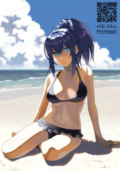 artist_name beach bikini bikini_day black_bikini blue_eyes blue_hair breasts cloud cloudy_sky day drawing_on_sand frilled_bikini frills leona_heidern navel ocean on_floor qr_code sakura_mafumi sky stomach swimsuit the_king_of_fighters water watermark