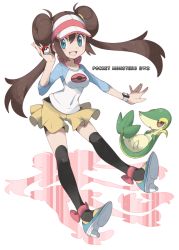 10s alternate_costume blue_eyes brown_eyes brown_hair double_bun gen_5_pokemon geru green_eyes hair_bun nintendo poke_ball pokemon pokemon_(creature) pokemon_bw2 ribbon rosa_(pokemon) shadow smile snivy thighhighs visor white_background