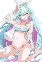 Rule 34 | 1girl, absurdres, aqua hair, arm support, artist request, bikini, blue bikini, blue eyes, breasts, colored inner hair, commentary request, commission, hair between eyes, highres, korean commentary, long hair, looking at viewer, medium breasts, multicolored hair, navel, open mouth, original, purple hair, salute, second-party source, see-through clothes, see-through shirt, shirt, single off shoulder, sitting, solo, star-shaped pupils, star (symbol), stomach, striped bikini, striped clothes, swimsuit, symbol-shaped pupils, tongue, tongue out, white bikini, white shirt