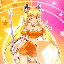 1girl adapted_costume animal_ear_fluff animal_ears bad_id bad_twitter_id bare_shoulders blonde_hair bow breasts brown_eyes chocofish choker cleavage commentary cowboy_shot crop_top detached_sleeves english_commentary extra_ears eyelashes eyeshadow finger_gun frilled_choker frills fur-trimmed_shirt fur-trimmed_sleeves fur_trim glitter hair_bow hair_tubes happy high-waist_shorts highres holding holding_ribbon_baton instagram_username kemonomimi_mode large_breasts light_blush light_particles lipstick long_hair looking_at_viewer low_twintails magical_girl makeup midriff navel one_eye_closed orange_choker orange_shirt orange_shorts orange_sleeves orange_wrist_cuffs outline parody parted_lips pendant_collar pink_background pink_lips puffy_short_sleeves puffy_sleeves ribbon ribbon_baton shirt short_shorts short_sleeves shorts smile solo sparkle star_(symbol) star_symbol_background stella_(winx_club) strapless strapless_shirt tail tareme teeth thigh_strap tiger_ears tiger_girl tiger_tail tokyo_mew_mew twintails twitter_username two-tone_background very_long_hair watermark weapon white_outline winx_club wrist_cuffs yellow_background yellow_bow yellow_eyeshadow