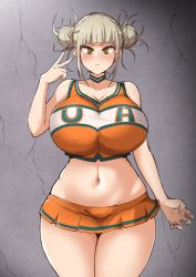 1girl arm_up blonde_hair blush boku_no_hero_academia breasts cheerleader clothes collar double_bun female_focus hair_bun highres large_breasts looking_at_viewer pom_pom_(cheerleading) pom_pom_(clothes) pussy_juice solo toga_himiko v yamaori yellow_eyes