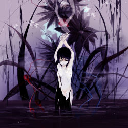 1girl arms_up bad_id bad_pixiv_id black_hair bug butterfly female_focus full_moon houjuu_nue ichitaro bug moon nude open_clothes red_eyes reflection solo touhou water wings