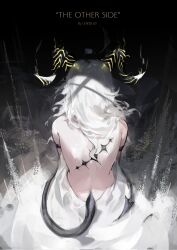 1girl absurdres arm_strap bare_back black_horns black_tail commentary curled_horns demon_tail dress english_commentary english_text from_behind grey_hair highres horns lewdlily66 long_hair median_furrow solo tacet_mark_(wuthering_waves) tail tail_around_waist white_dress wuthering_waves zani_(wuthering_waves)