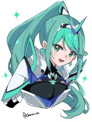 armor breasts cherubi_nbo chest_jewel commentary_request core_crystal_(xenoblade) earrings green_eyes green_hair high_ponytail jewelry large_breasts long_hair pneuma_(xenoblade) ponytail simple_background sparkle tiara twitter_username upper_body white_armor white_background xenoblade_chronicles_(series) xenoblade_chronicles_2