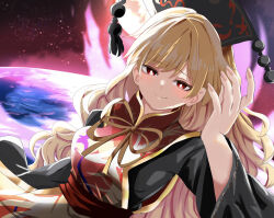 1girl amakaze16 belt black_dress black_hat black_sky blonde_hair blush breasts chinese_clothes closed_mouth commentary_request crescent crescent_print dalachi_(headdress) dress energy fingernails hand_up hat highres junko_(touhou) junko_day long_fingernails long_hair long_sleeves looking_at_viewer mandarin_collar medium_breasts moon neck_ribbon ocean outdoors phoenix_print pom_pom_(clothes) red_belt red_eyes red_tabard ribbon sky smile solo star_(sky) starry_sky tabard tassel touhou upper_body wavy_hair wide_sleeves yellow_ribbon