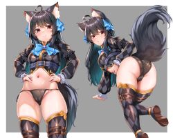 1girl :3 absurdres ahoge all_fours animal_ear_fluff animal_ears argyle_clothes argyle_thighhighs ass black_hair black_panties blue_ribbon breasts cameltoe chestnut_mouth cowboy_shot gradient_hair green_hair grey_background groin hands_on_own_hips highres juliet_sleeves long_hair long_sleeves looking_at_viewer medium_breasts multicolored_hair multiple_views navel neck_ribbon orange_eyes outside_border panties puffy_sleeves ribbon side-tie_panties sidelocks sirokuro_daruma standing svartlilja_(vrchat) tail thigh_strap underbust underwear vrchat wolf_ears wolf_tail