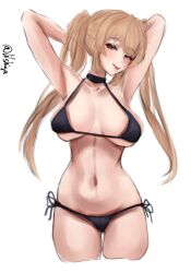 1girl arms_behind_head bikini black_bikini breasts brown_eyes brown_hair cowboy_shot highres kantai_collection large_breasts lilshigu long_hair murasame_(kancolle) navel one-hour_drawing_challenge side-tie_bikini_bottom simple_background solo swimsuit tongue tongue_out twintails twitter_username white_background