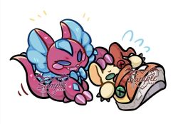 Rule 34 | button eyes, buttons, chibi, digimon, digimon (creature), elizamon, fangs, fins, head fins, lizard tail, sample watermark, shoemon, shoes, simple background, single shoe, stitches, stuffed toy, tail, watermark, white background, yagi kiki