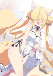 1girl :3 :d absurdres animal_ear_fluff animal_ears bare_arms bare_shoulders bell between_legs blonde_hair blurry blush breasts china_dress chinese_clothes cleavage cleavage_cutout clothes_lift clothing_cutout commission covering_crotch covering_privates double_bun dress dutch_angle fang feet_out_of_frame fox_ears fox_girl fox_tail groin hair_bell hair_bun hair_ornament hair_over_eyes hand_between_legs highres jingle_bell large_breasts long_bangs long_hair medium_breasts multiple_tails no_panties open_mouth original pelvic_curtain print_dress shiro9jira side_slit skeb_commission sleeveless sleeveless_dress smile solo standing tail thighs twintails very_long_hair white_dress