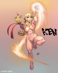 1990s_(style) 1girl abs armpits barefoot blonde_hair brown_eyes capcom character_name clenched_hands elee0228 eyebrows female_focus fingerless_gloves fire genderswap genderswap_(mtf) gloves hair_ribbon ken_masters long_hair lost-tyrant low-tied_long_hair muscular muscular_female navel nipples nude open_mouth pussy retro_artstyle ribbon shouryuuken solo street_fighter street_fighter_zero_(series) thick_eyebrows toes uncensored uppercut watermark