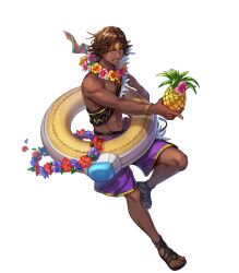 Rule 34 | 1boy, abs, attack, brown eyes, brown hair, dark-skinned male, dark skin, fire emblem, fire emblem engage, fire emblem heroes, flower, flower necklace, fogado (fire emblem), fogado (summer) (fire emblem), food, fruit, highres, innertube, jewelry, lei, male swimwear, necklace, nintendo, non-web source, official alternate costume, official art, parted lips, pineapple, pointing, purple swim trunks, sandals, smile, solo, star-shaped pupils, star (symbol), swim ring, swim trunks, symbol-shaped pupils, transparent background