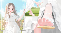 1girl absurdres blush brown_eyes brown_hair feet gakuen_idolmaster highres idolmaster kuramoto_china long_hair looking_at_viewer open_mouth sandals soles swing toes xiancubic
