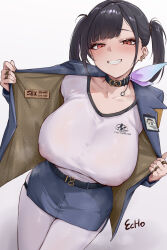 Rule 34 | 1girl, absurdres, black choker, black hair, blue jacket, blue skirt, breasts, choker, collarbone, commentary request, covered erect nipples, e.c.ho, goddess of victory: nikke, highres, jacket, large breasts, long hair, looking at viewer, miniskirt, paid reward available, pantyhose, red eyes, shirt, simple background, skirt, smile, solo, sora (nikke), twintails, white background, white pantyhose, white shirt