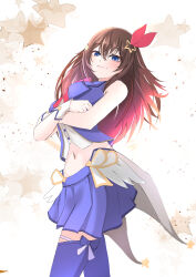 1girl absurdres blue_eyes blue_skirt blue_thighhighs blue_vest brown_hair closed_mouth crossed_arms hair_ornament highres hololive long_hair looking_at_viewer shirt skirt sleeveless_vest solo star_(symbol) star_hair_ornament thighhighs tokino_sora tokino_sora_(1st_costume) user_zxgc2854 vest virtual_youtuber white_shirt