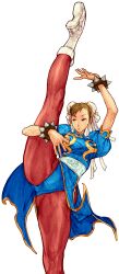 1girl absurdres arm_around_leg arm_up boots bracelet breasts brown_eyes brown_hair bun_cover capcom capcom_vs_snk_2 china_dress chinese_clothes chun-li double_bun dress earrings fighting_stance game_cg hair_bun highres jewelry leg_up looking_to_the_side multiple_girls nishimura_kinu non-web_source official_art pantyhose parted_lips pelvic_curtain short_hair solo spiked_bracelet spikes street_fighter studded_bracelet thick_thighs thighs unitard white_boots