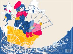 1girl absurdres barcode blue_coat blush blush_stickers carrot cloud coat criss-cross_suspenders flower gears grey_background hat highres holding_compass long_hair looking_to_the_side nose_blush peg_leg rabbit red_bag red_hat red_scarf rose sane_(sane19115) scarf smile solo stitched_face stitches umbrella vocaloid wheel white_flower white_rose yuzuki_yukari