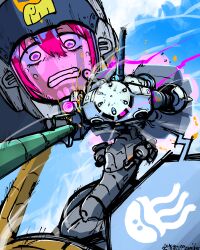 1girl absurdres aiming amate_yuzuriha beam_cannon commentary_request glowing glowing_eye gundam gundam_gquuuuuux gundam_ms_igloo helmet highres jellyfish mecha motion_lines one-eyed pilot_helmet purple_eyes robot scared science_fiction sparks speed_lines sweat taida ze&#039;gok