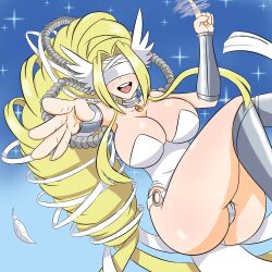 1girl absurdres blonde_hair blue_background blush breasts cameltoe collar digimon drill_hair female_focus gradient_background hidden_eyes highres jewelry large_breasts leotard long_hair mature_female non-web_source open_mouth original shiny_skin smile solo thick_thighs thighs venusmon very_long_hair white_leotard wide_hips