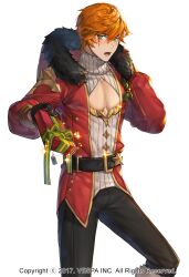 1boy belt black_belt black_fur black_gloves black_pants blush boots christmas cleavage_cutout clothing_cutout coat commentary english_text feet_out_of_frame fur-trimmed_boots fur-trimmed_coat fur-trimmed_hood fur_trim gift gloves gold_trim green_eyes green_ribbon grey_sweater highres holding holding_gift holly hood hwansang_jungdog incoming_gift king&#039;s_raid official_alternate_costume official_art open_mouth orange_hair pants pectorals red_coat ribbon roi_(king&#039;s_raid) scar scar_across_eye scar_on_face short_hair solo sparkle sweater turtleneck turtleneck_sweater