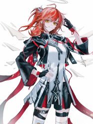 1girl absurdres ahoge arknights arm_up black_gloves black_jacket chinese_commentary closed_mouth commentary_request cowboy_shot crop_top cropped_jacket cross cross_earrings detached_wings earrings exusiai_(arknights) exusiai_the_new_covenant_(arknights) fingerless_gloves gloves grey_halo hair_between_eyes halo hand_on_own_hip highres jacket jewelry latin_cross long_sleeves looking_at_viewer medium_hair one_side_up partial_commentary red_hair salute shirt simple_background smile solo standing thigh_strap thighhighs traditional_halo white_background white_shirt white_thighhighs wings yellow_eyes zhishi_mao_tiao