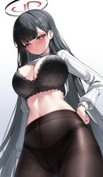 Rule 34 | 1girl, absurdres, black bra, black hair, black halo, black panties, black pantyhose, blue archive, blush, bra, breasts, cleavage, closed mouth, clothes lift, commentary request, cowboy shot, crotch seam, fine fabric emphasis, from below, grey sweater, hair ornament, hairclip, halo, highres, korean commentary, lace, lace-trimmed bra, lace-trimmed panties, lace trim, large breasts, long hair, looking at viewer, navel, panties, panties under pantyhose, pantyhose, red eyes, rio (blue archive), simple background, solo, stomach, sweatdrop, sweater, sweater lift, thighband pantyhose, tist, underwear, very long hair, white background
