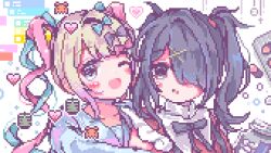 2girls ;d ame-chan_(needy_girl_overdose) black_hair black_ribbon blister_pack blonde_hair blue_bow blue_eyes blue_hair blush bow chouzetsusaikawa_tenshi-chan collared_shirt commentary_request cup dual_persona hair_bow hair_ornament hair_over_one_eye heart highres hug long_hair long_sleeves looking_at_another looking_at_viewer multicolored_hair multiple_girls neck_ribbon needy_girl_overdose obake_yura one_eye_closed open_mouth pill pill_bottle pink_bow pink_hair pixel_art purple_bow quad_tails red_shirt ribbon sailor_collar shirt smile super_chat twintails upper_body x_hair_ornament yunomi