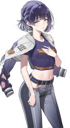 Rule 34 | 1girl, arjent, belt, braid, cropped shirt, gakuen idolmaster, grey belt, grey pants, hair intakes, hand on own chest, hataya misuzu, highres, idolmaster, jacket, jacket on shoulders, looking at viewer, navel, official alternate costume, open clothes, open jacket, pants, parted lips, purple hair, purple shirt, shirt, short hair, simple background, solo, white background, white jacket