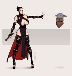Rule 34 | 1boy, 1girl, alien, arm wrap, black footwear, black gloves, black hair, black lips, breasts, cleavage, colored skin, devilhs, energy sword, fingerless gloves, gloves, green skin, grogu, highres, holding, holding sword, holding weapon, huge breasts, leg wrap, lightsaber, pelvic curtain, platform footwear, platform heels, rey (star wars), signature, star wars, sword, telekinesis, toeless footwear, weapon
